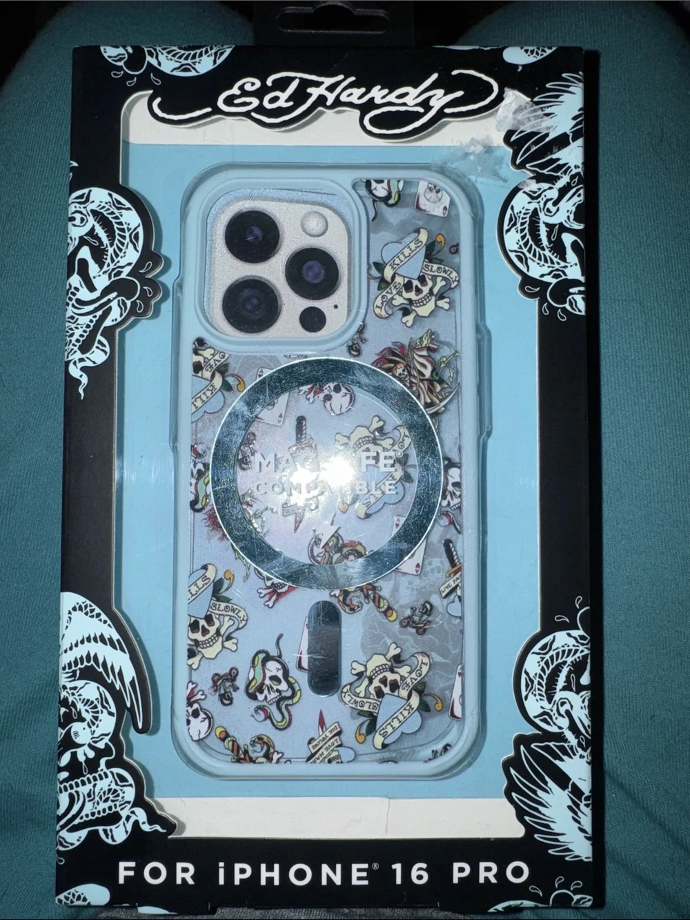Ed Hardy Light Blue Tattoo-Print iPhone 16 Pro Case